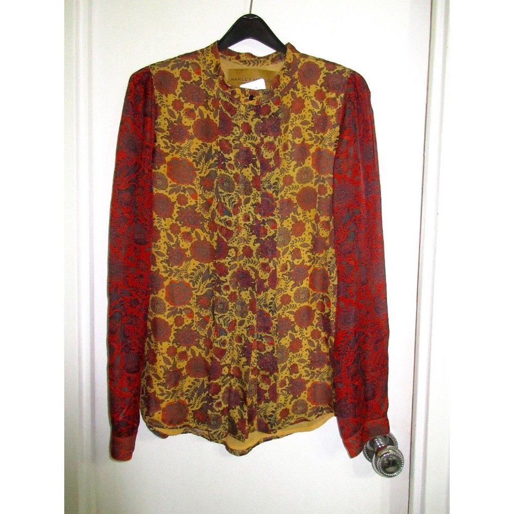 Hanley Mellon 100% Silk 6 Blouse Gold Multi Floral Boho Semi Sheer S Tunic Mint!